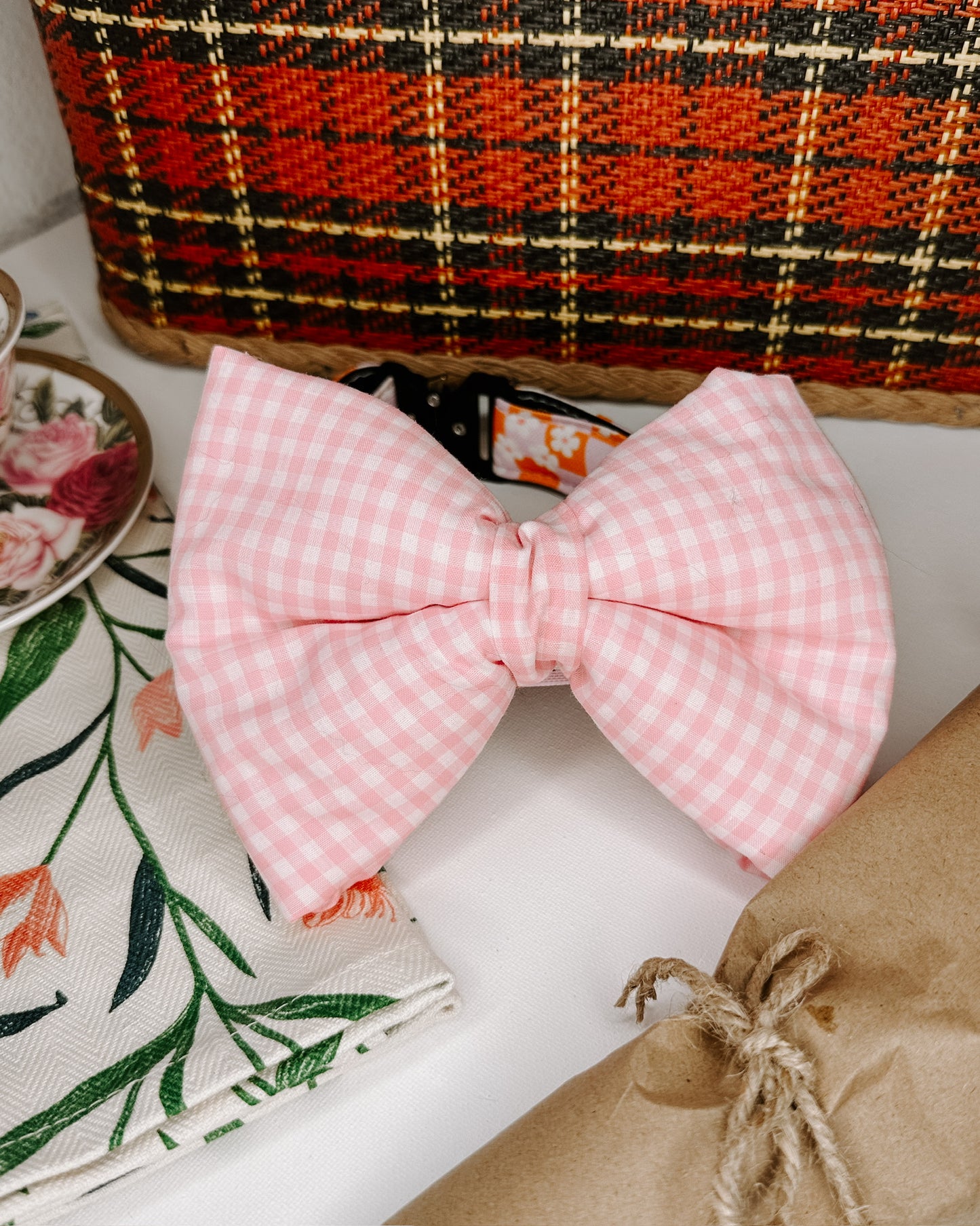 Pink Gingham Dog Bow