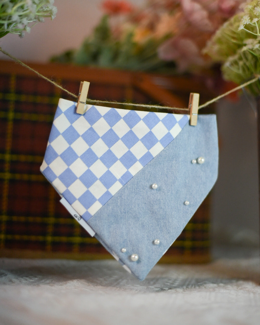 Two Tone Denim Dog Bandana With Pearls