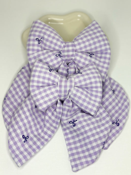 Purple Gingham with mini Embroidered Purple Bows