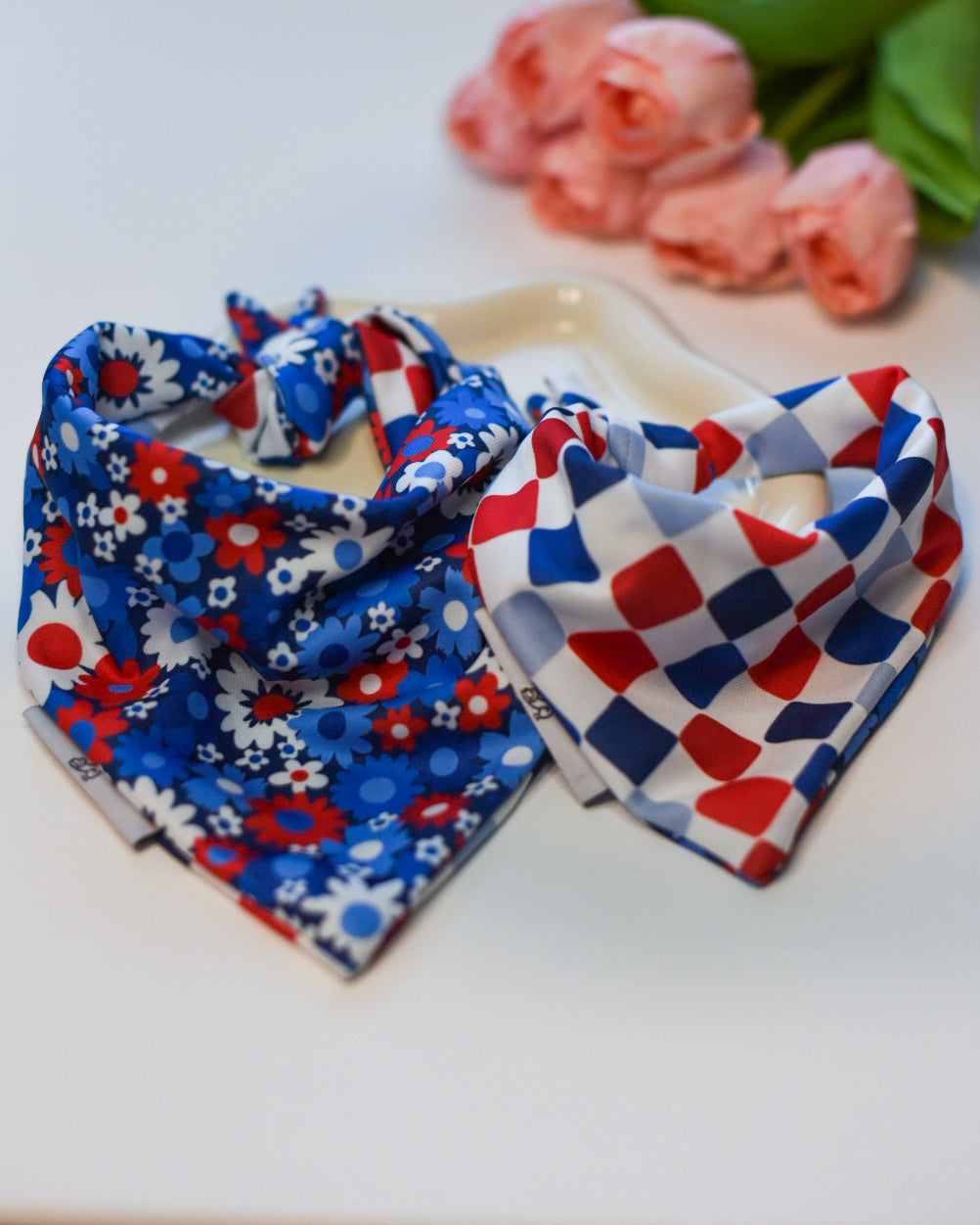 Cooling and Reversible Floral and checkers Patriotic Dog Bandana