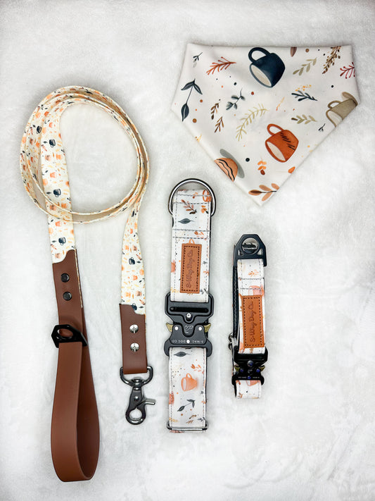 Fall Coffee Cups Neutral Leash, Collar and Bandana Set