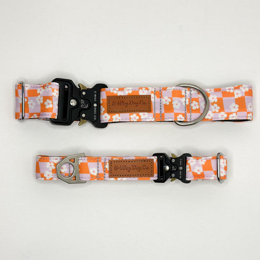 Orange and Pink Floral Checkered Water Resistant Dog Collar